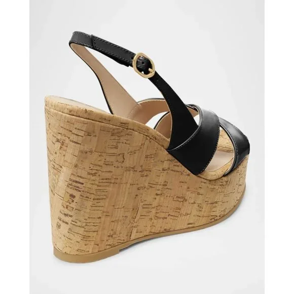 Stuart Weitzman Black Patent Leather Cork Platform Wedges - Picture 4 of 5